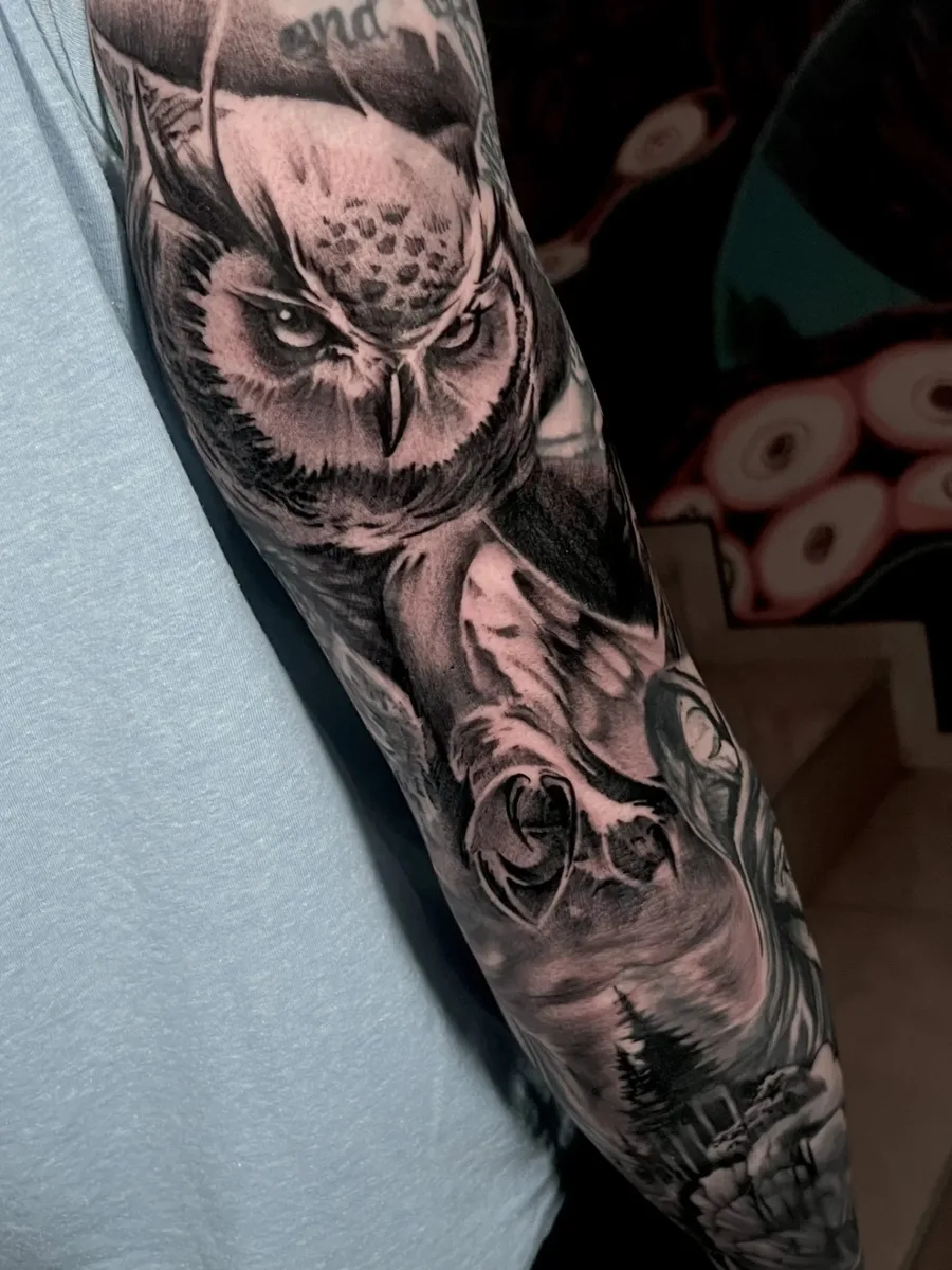 Реалистичен бухал ръкав татуировка — Море От Мастило Бургас